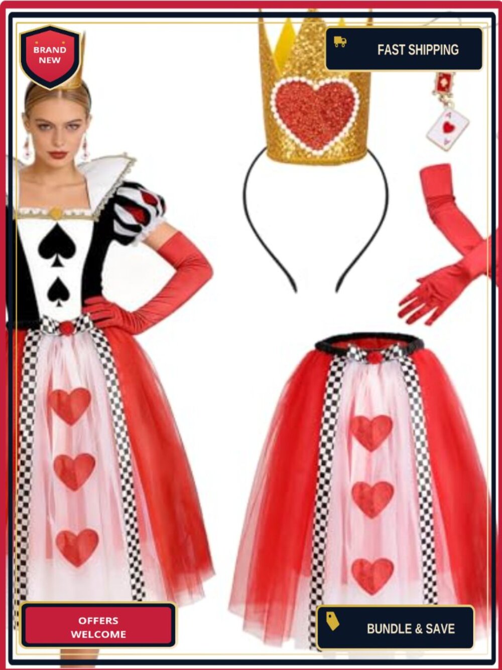 Queen of Hearts Costume Set Tutu Skirt Crown Headband Gloves Halloween Fancy